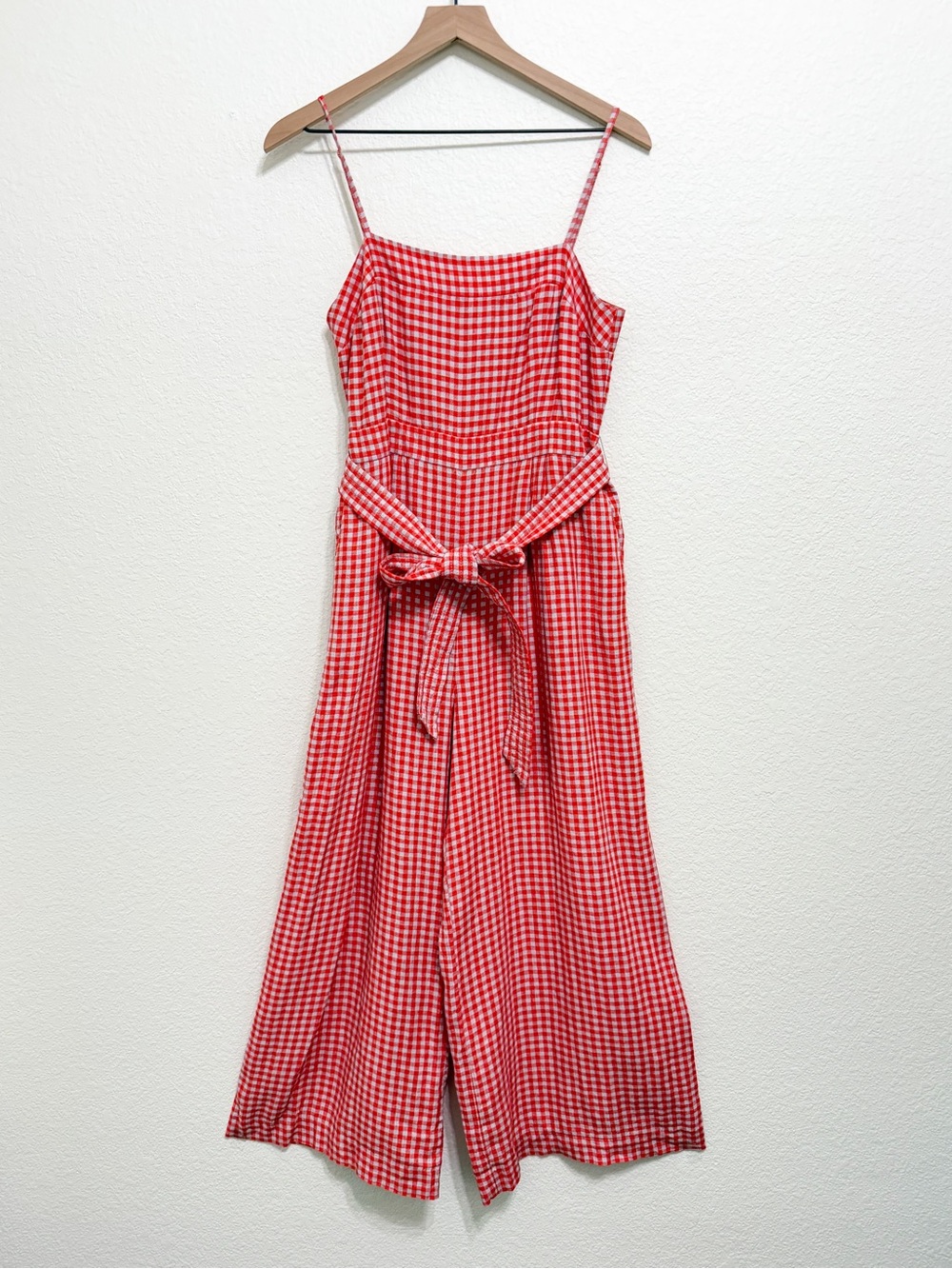 J. Crew Linen Gingham Print Tie Waist Wide Leg Spaghetti Strap Jumpsuit 8